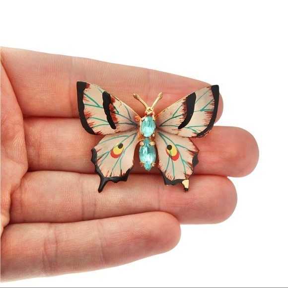 Vintage Czechoslovakia Butterfly Brooch Hand Painted Enamel Aqua Blue Rhinestone - Picture 3 of 4